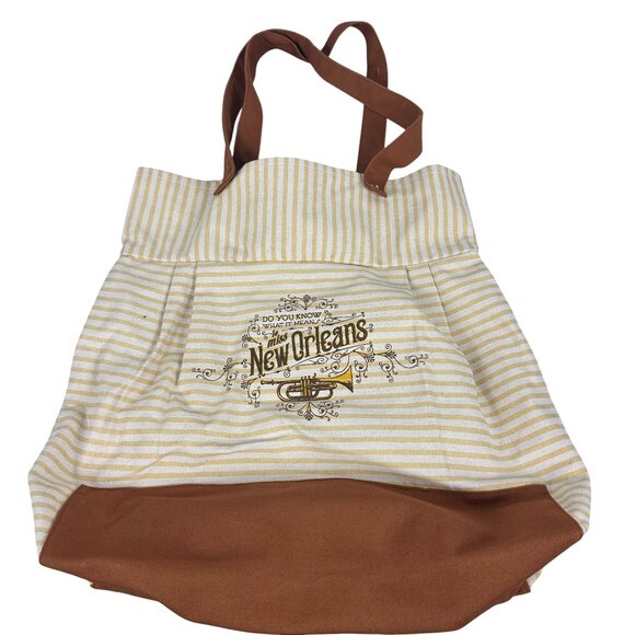 New Orleans Striped Canvas Tote Bag With Brass Instrument Print - Picture 3 of 6